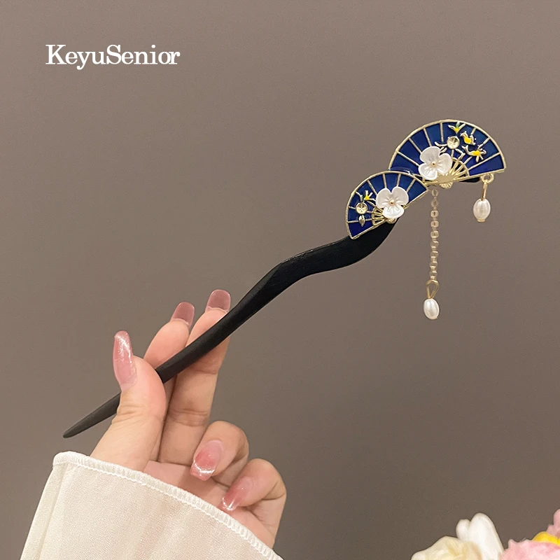 古风折扇发簪女簪子新中式马面裙儿童檀木旗袍步摇高级感汉服木簪