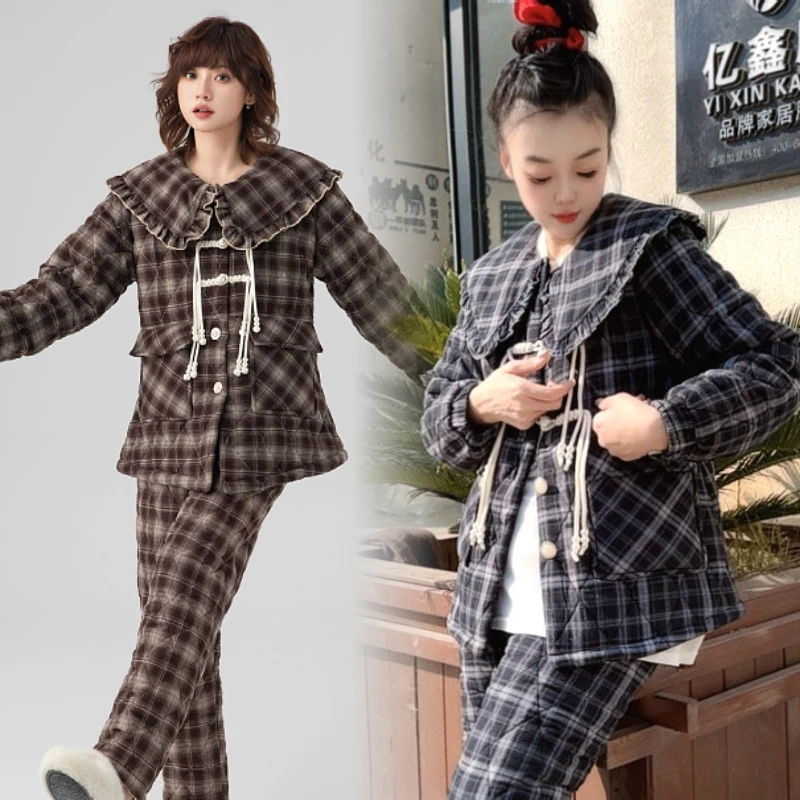 YIXINKANG/亿鑫康新款女士加绒加厚睡衣三层夹棉冬季款家居服套