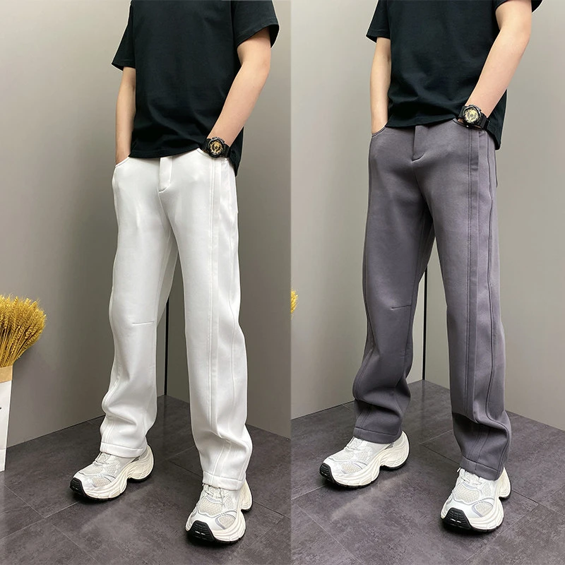 冬季新款加绒加厚简约立体裁剪直筒裤男休闲裤百搭潮流痞帅阔腿裤
