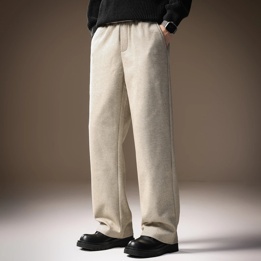 高端软糯毛呢质感休闲裤子男2025秋季新款宽松直筒阔腿垂感运动裤