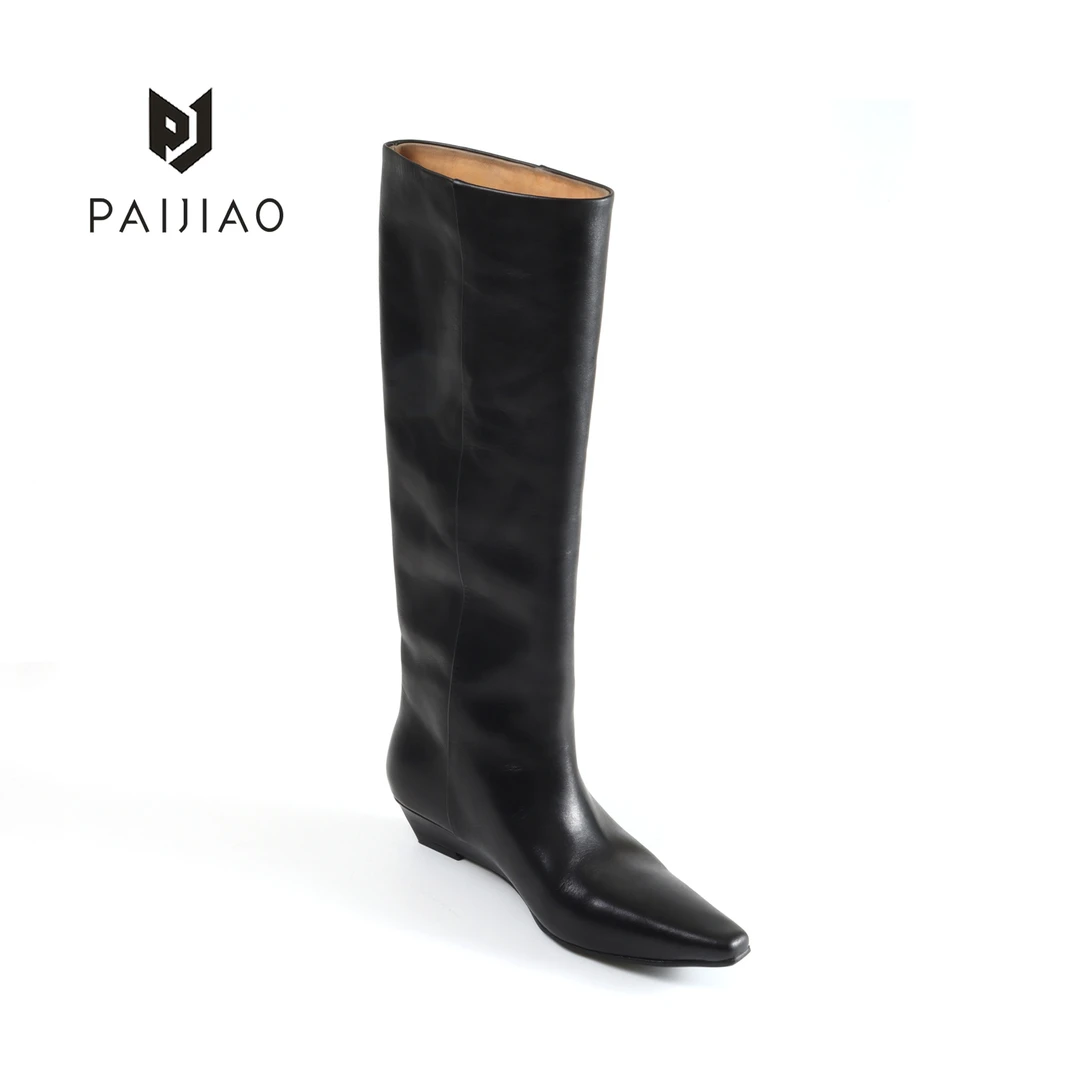 时装靴牛皮粗腿靴子秋冬女靴黑色粗跟女鞋百搭时尚高靴XC1114-1