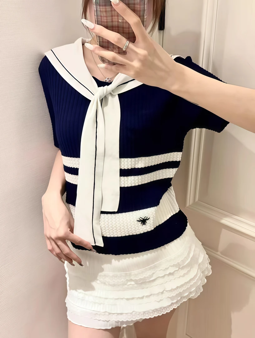 海军领学院风披肩撞色条纹刺绣蜜蜂修身显瘦针织衫8811