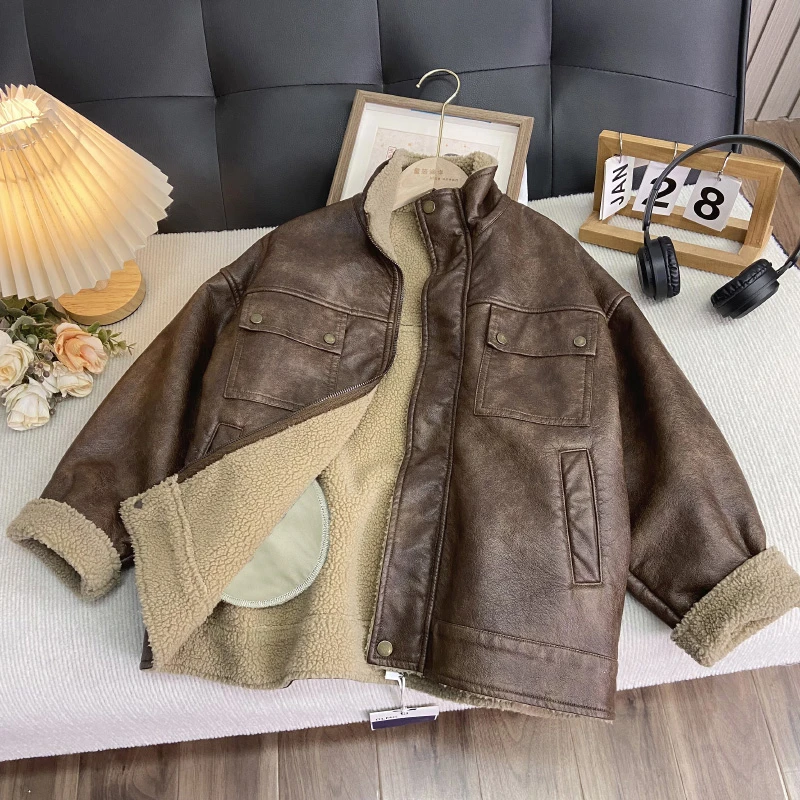 佑妈家童装 男女童潮款外套 中大童加绒皮衣儿童冬款加毛