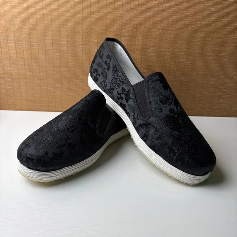 黑色龙纹舒适复古透气中国风千层底低跟布鞋缝制纯手工男士布鞋