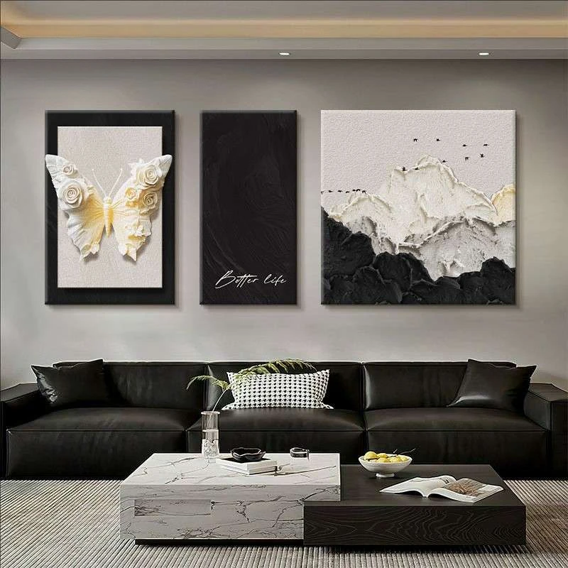 2025年新款客厅装饰画高级感黑白沙发背景墙砂岩壁画蝴蝶三联挂画