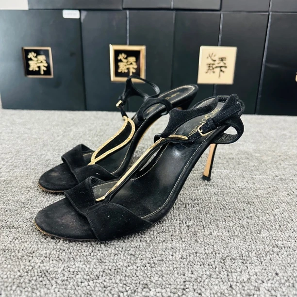 95新 YSL/圣罗兰 赛乔罗一字绑带翻毛高跟凉鞋37码YSC0804