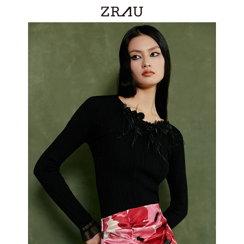 【臻选】ZRAU经典毛衫秋冬新款立体装饰针织打底衫9105043150