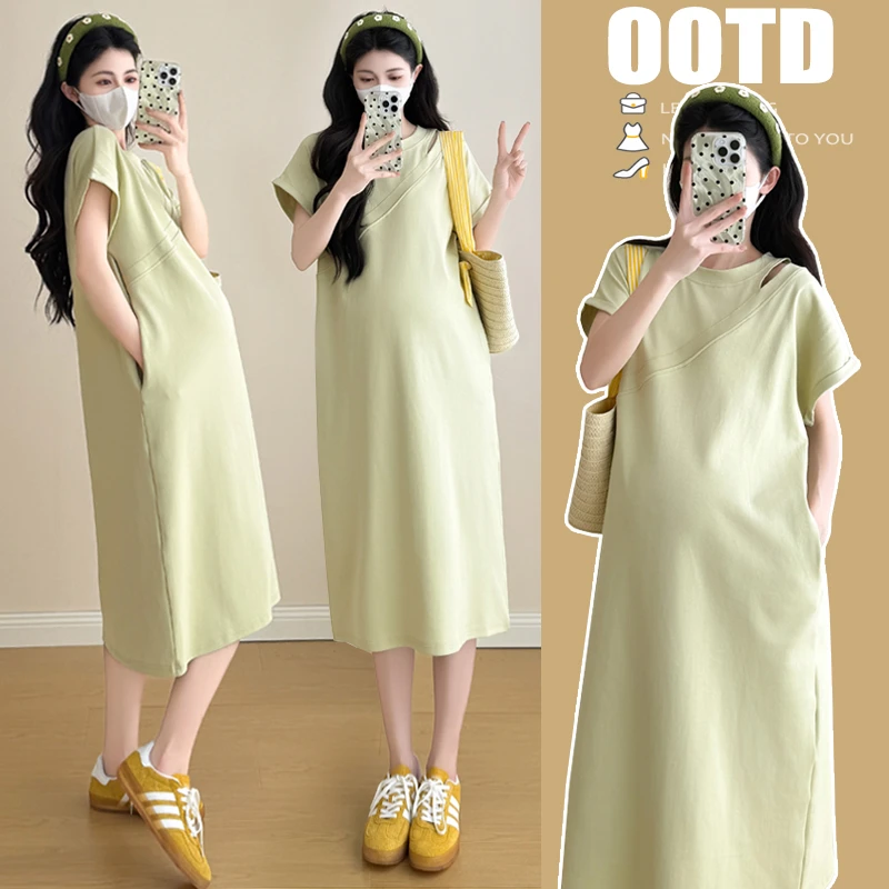 2025夏装新款韩版孕妇装宽松显瘦中长款连衣裙时尚棉质短袖T恤女