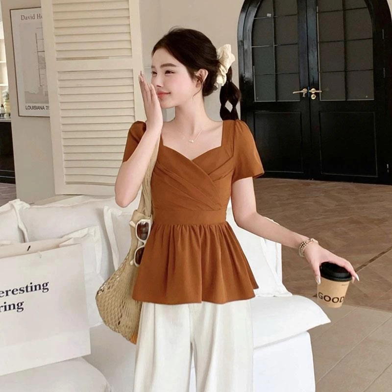 大码女装方领正肩短袖t恤女2025夏季胖mm显瘦不规则收腰黑色上衣