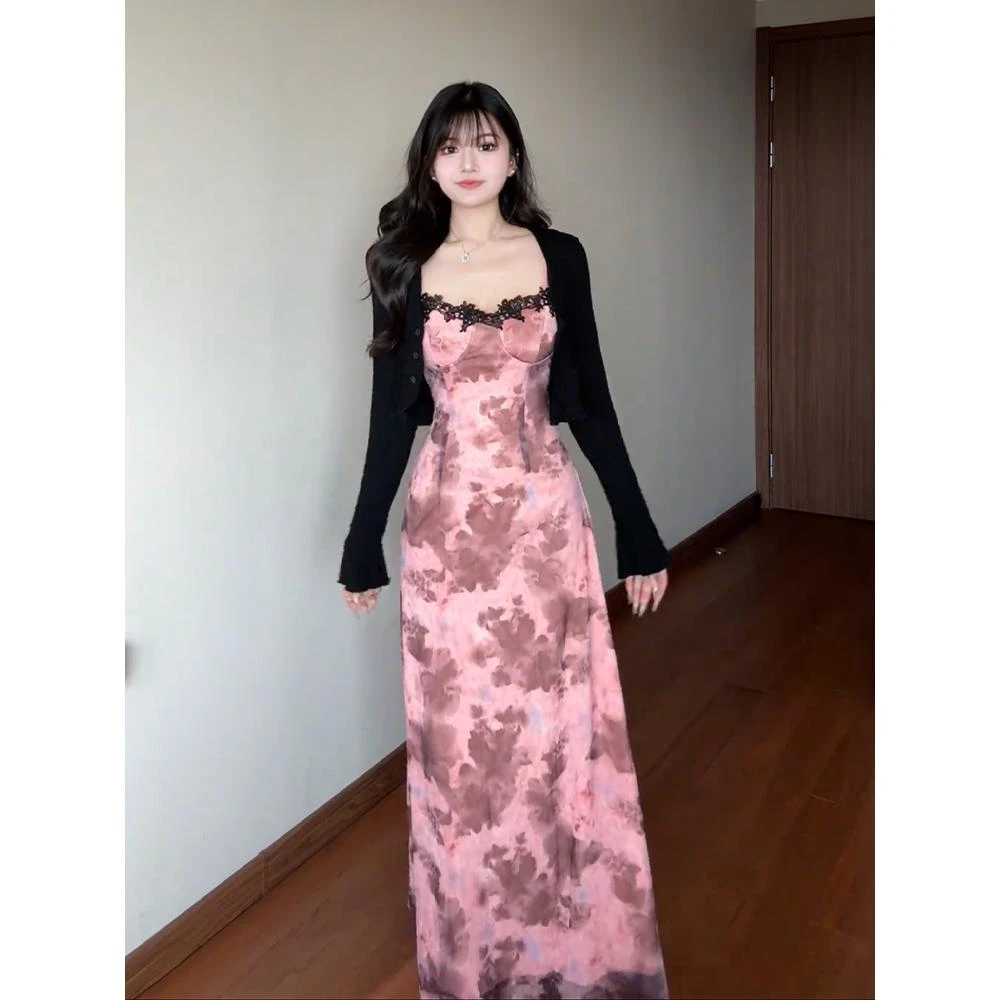 优品纯欲风蕾丝拼接扎染吊带连衣裙女夏薄款开衫甜辣收腰长裙