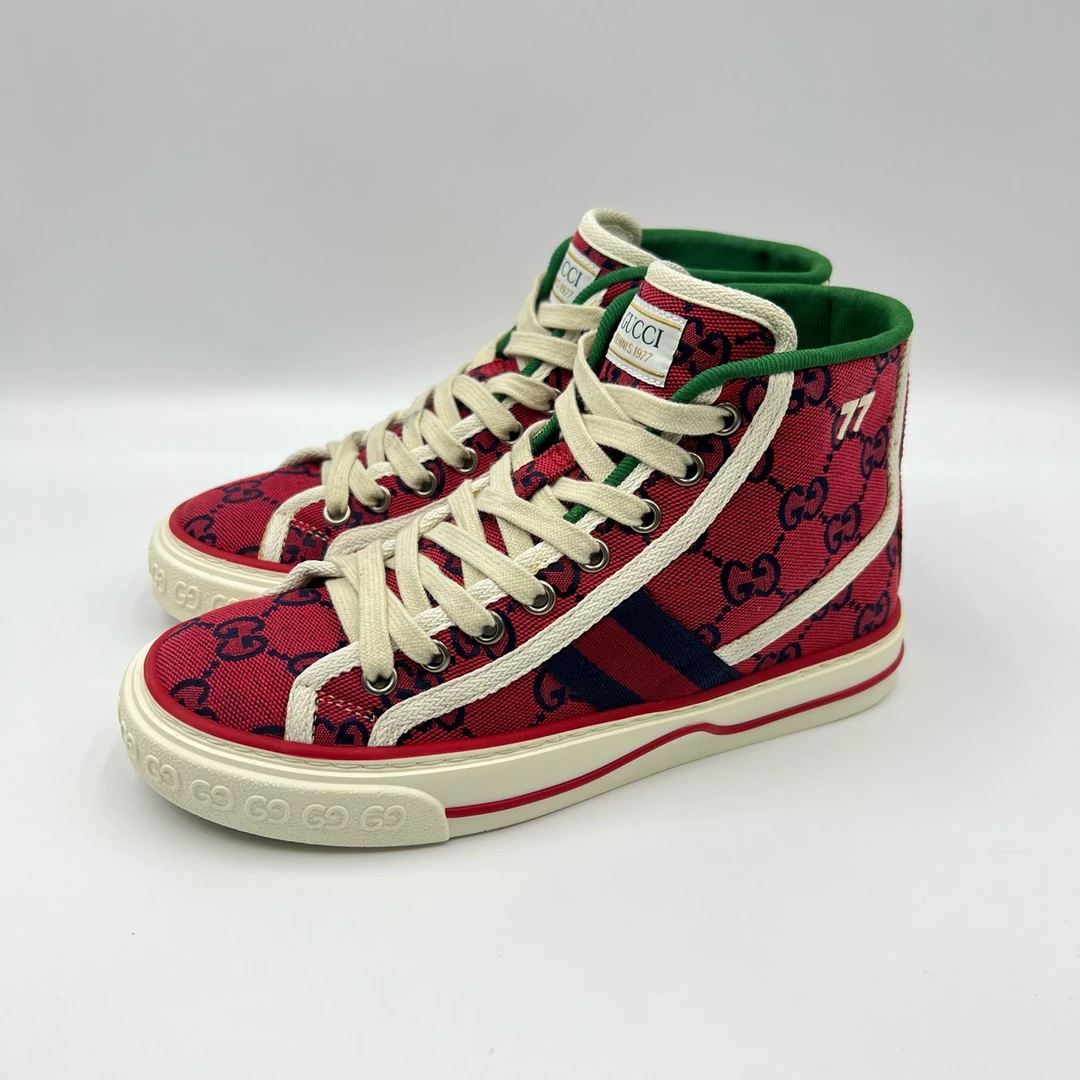 95新 GUCCI/古驰 34码/三色老花线条高帮休闲板鞋/10251184