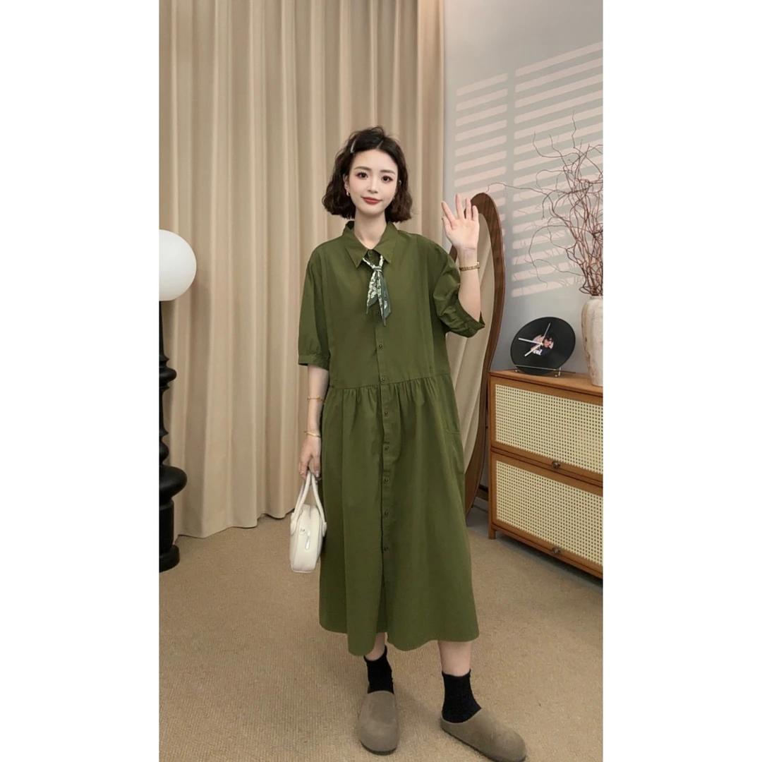 【张小九】夏季polo领拼接捏褶收腰设计纯色百搭衬衫连衣裙Z1964