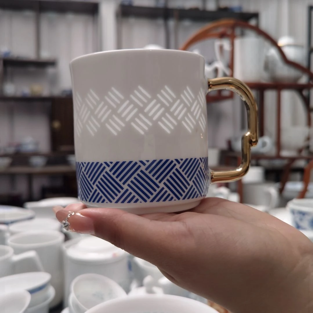 瓷朝暮蓝色办公杯一套