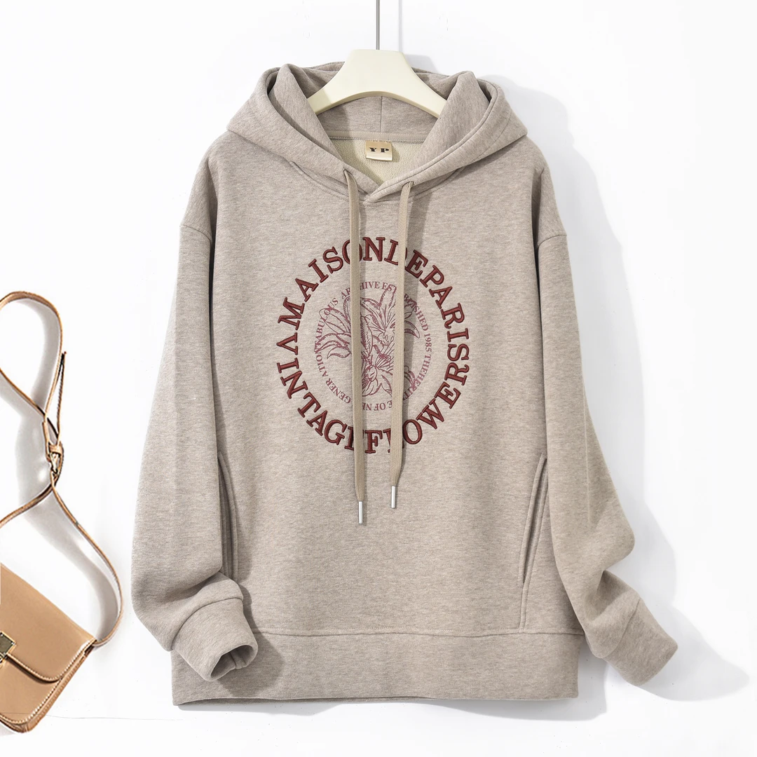 冬季新款【百合花】刺绣慵懒风中长款宽松大版连帽加绒卫衣 2677