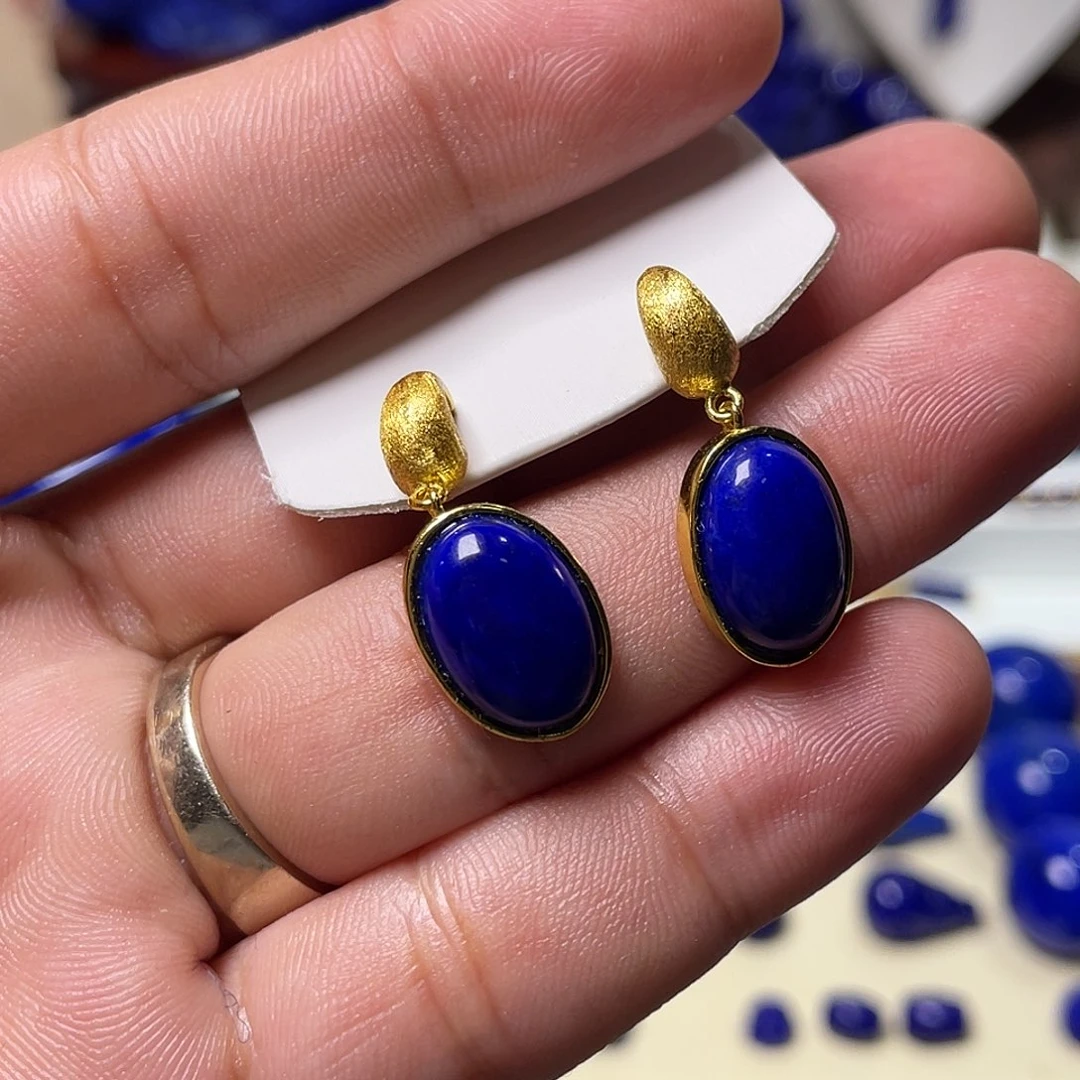 青金石银S925镀金镶嵌青金石耳饰