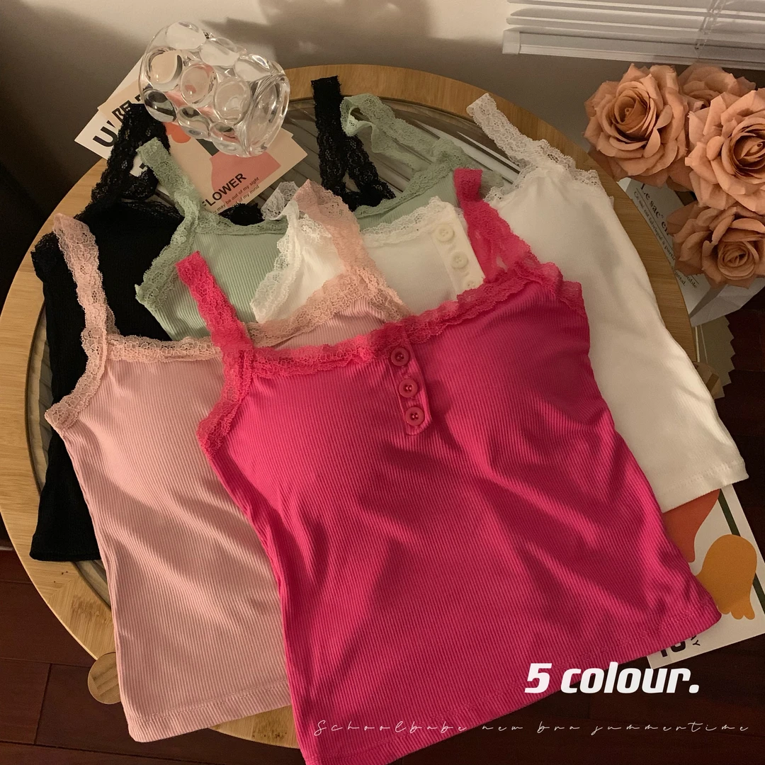 白色纯欲蕾丝小吊带背心女夏季外穿带胸垫性感甜辣妹内搭打底上衣