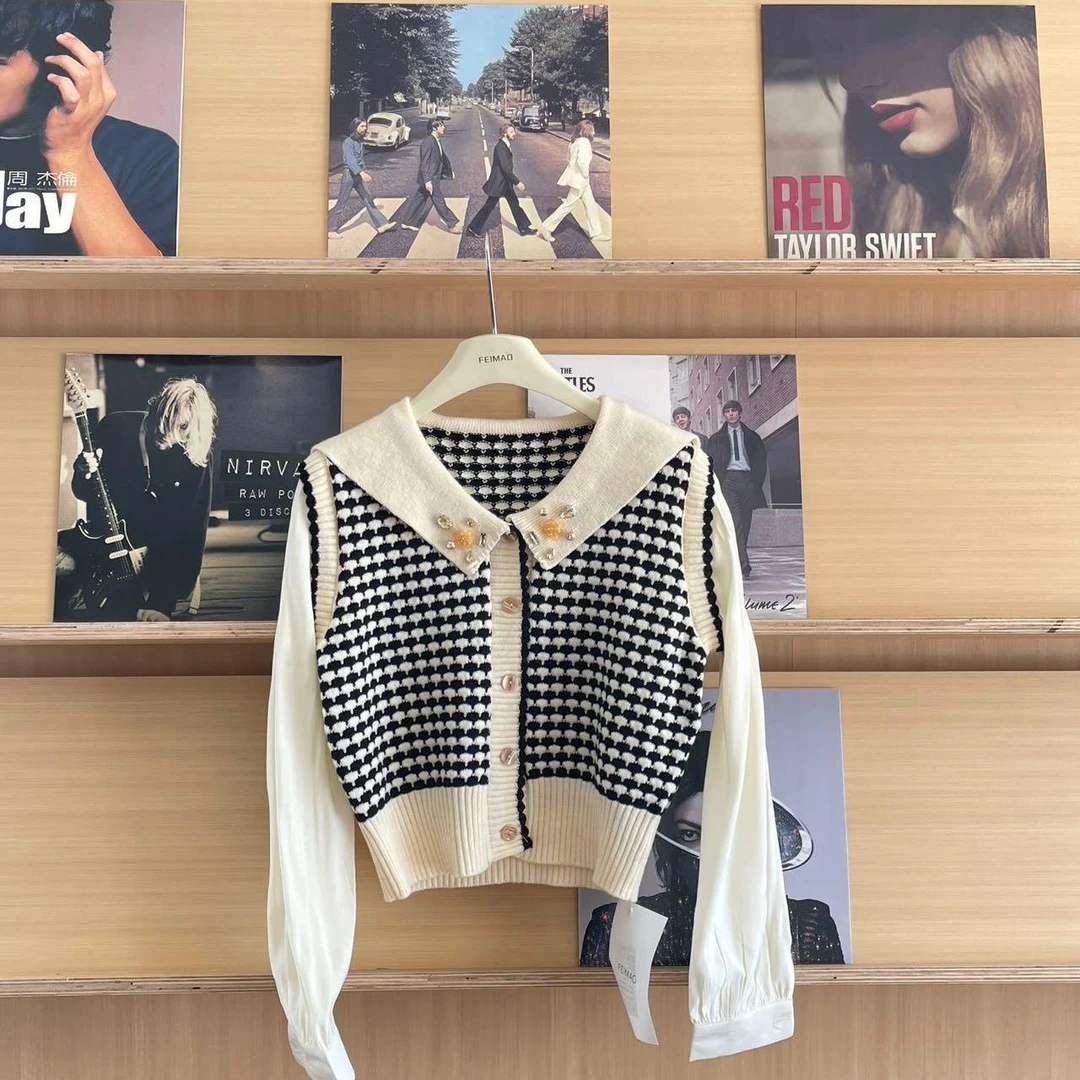 【首尔咖啡馆】5015 法式复古感撞色无袖针织上衣小众内搭外穿毛衣