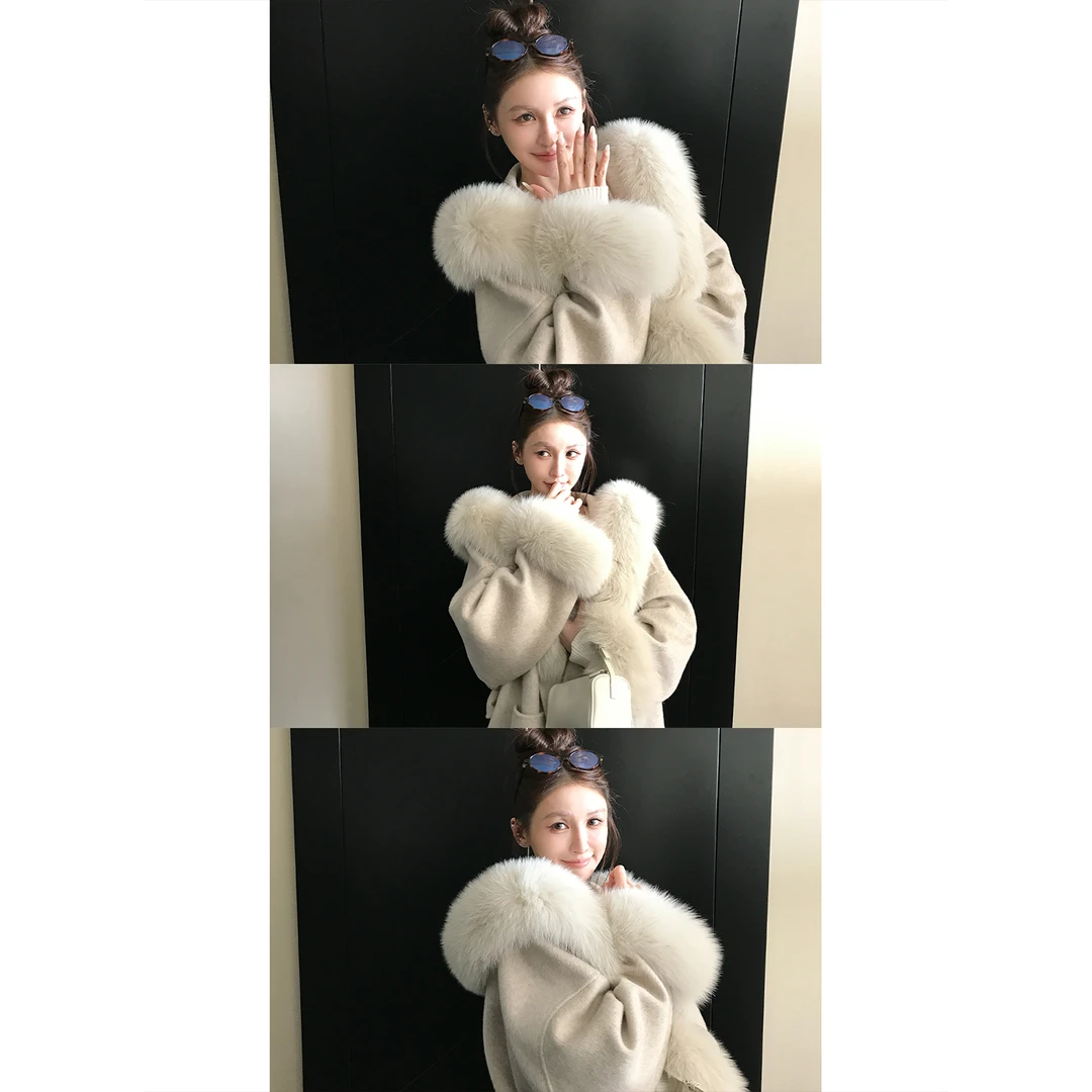 Skk Store 沪上千金'900G进口狐狸毛软黄金羊绒天丝羊毛呢大衣