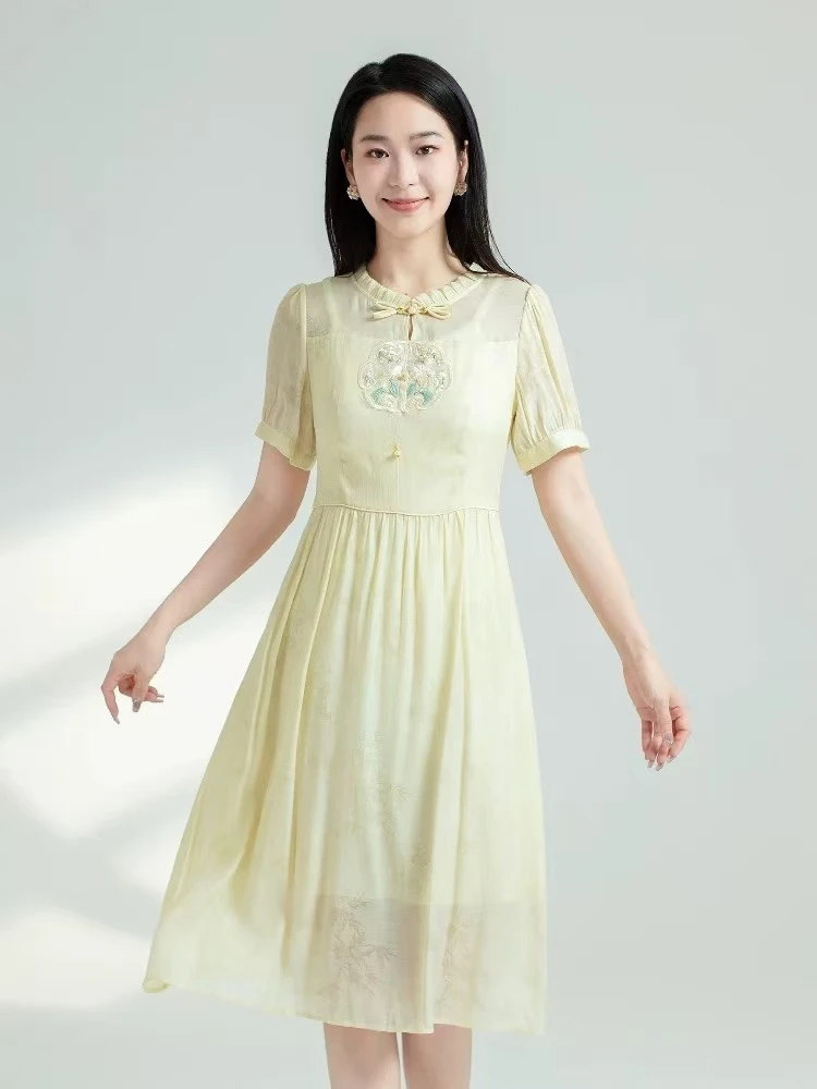 L2022夏季新款国风刺绣连衣裙优雅气质新中式立领减龄收腰裙子