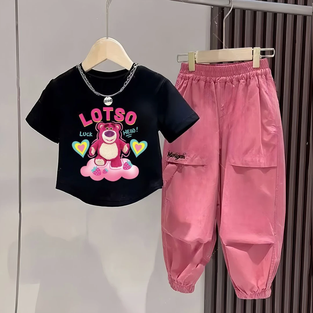 女童夏季套装中大童薄款小熊印花短袖女孩休闲洋气工装裤两件套