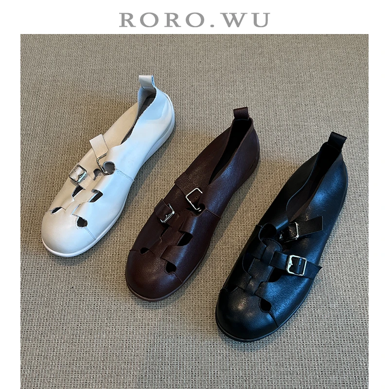 娆娆吴·水洗牛皮气质简约法式圆头镂空猪笼鞋俏皮扣带单鞋女鞋A47