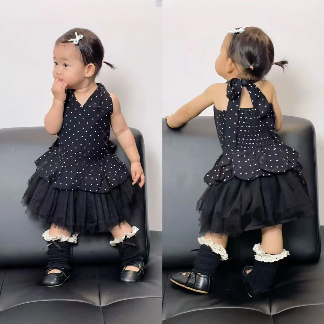 【烁烁家】2025韩版夏季新款女童露背挂脖波动吊带上衣黑色半身纱裙