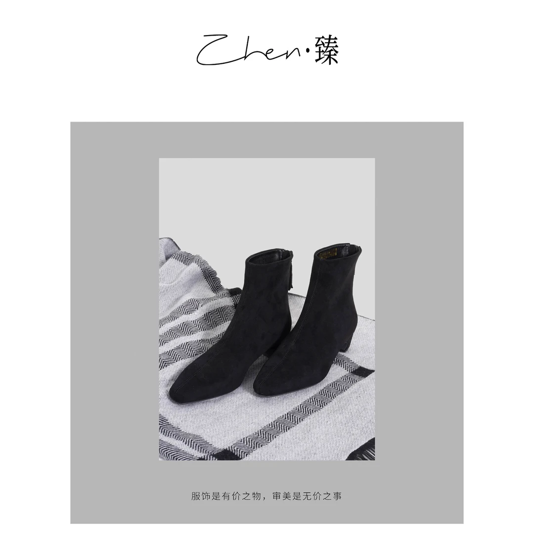 ZHEN.臻 秋冬复古绒面方头牛皮粗跟瘦瘦靴短靴XZ8785Z