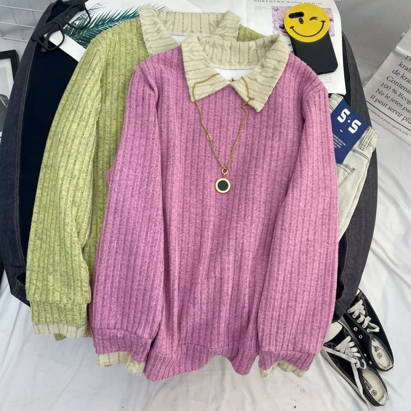 大码毛衣冬季假两件针织内搭宽松翻领长袖打底衫加绒上衣毛衫