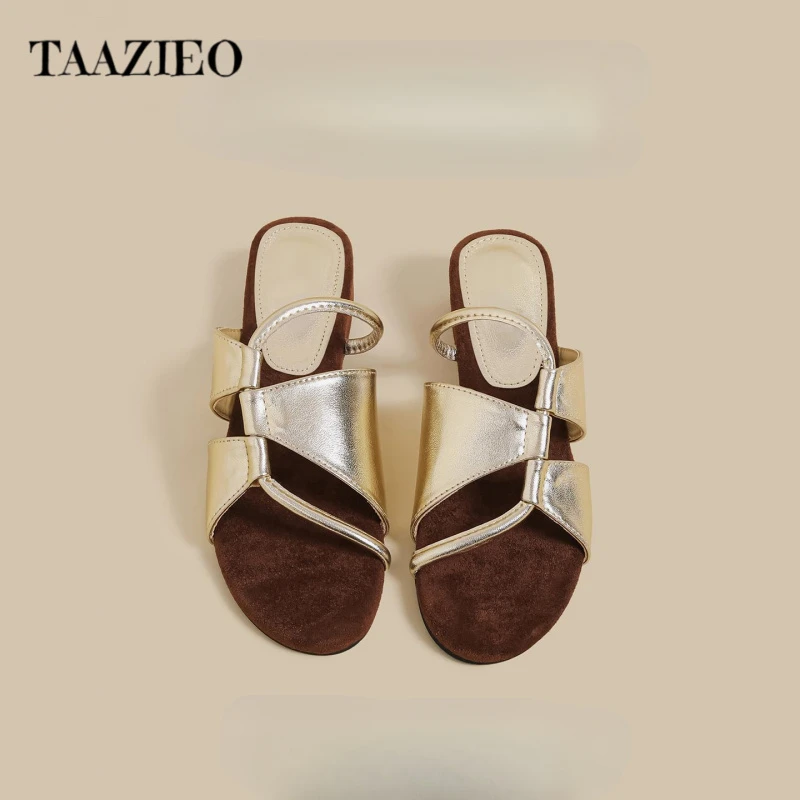 TAAZIEO露趾拖鞋女2025夏季新款金色百搭外穿一字带休闲小众坡跟