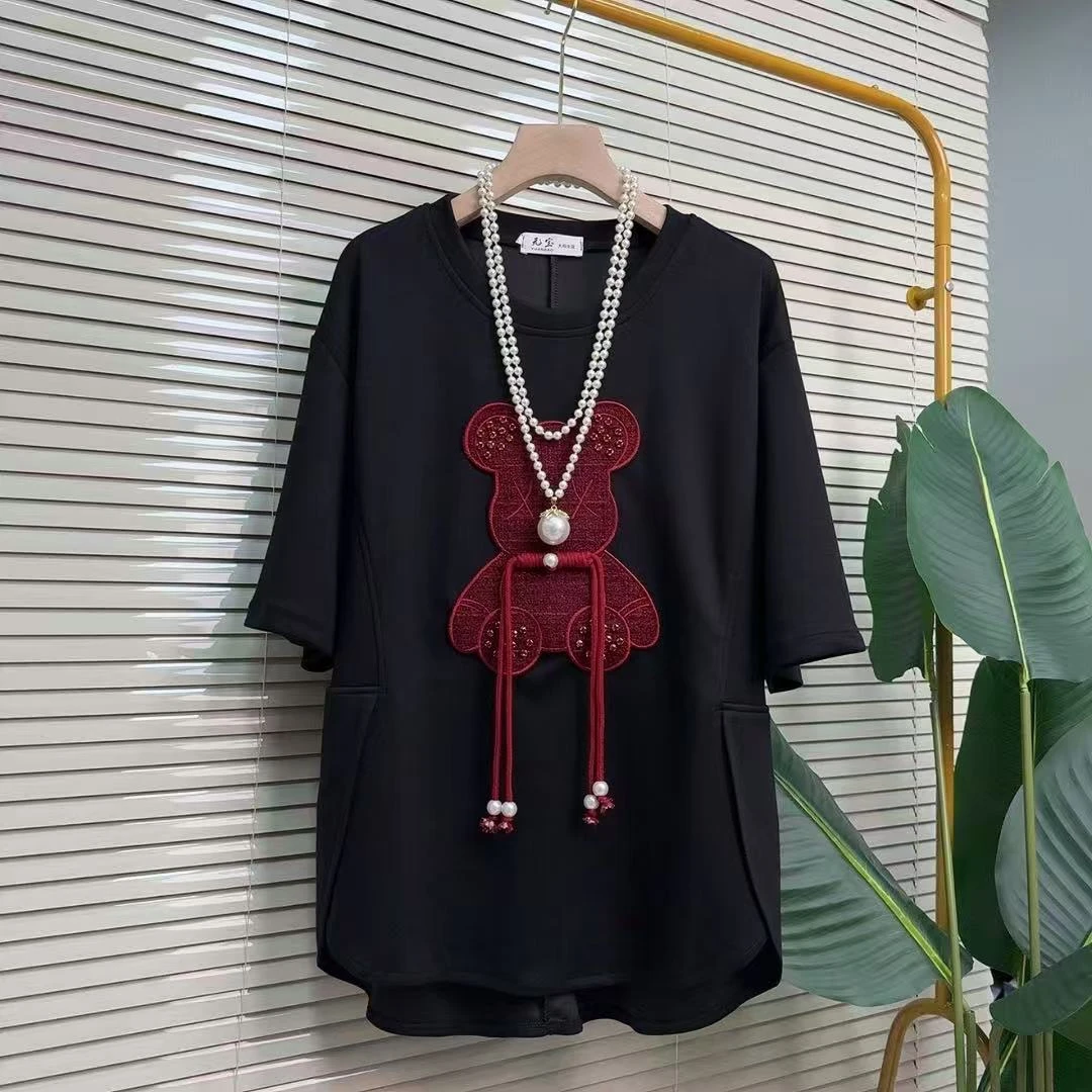 秋冬时尚新款小熊显瘦贴布休闲短袖大码T恤减龄上衣女装甜美遮肚