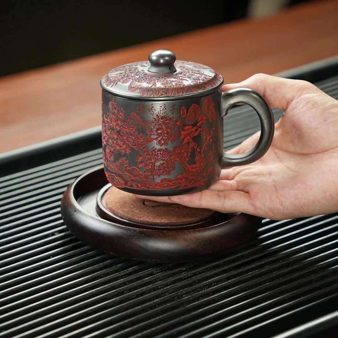 宜兴正宗原矿紫砂石黄纯手工刻暗香疏影高档大容量带盖主人杯