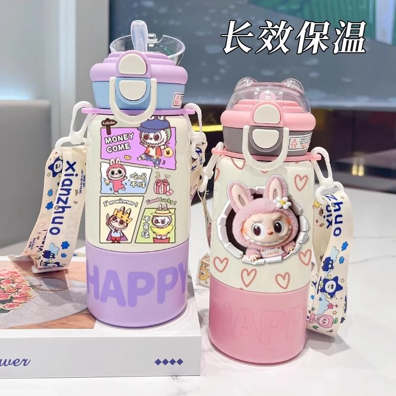 labubu拉布布儿童保温杯2025新款大容量吸管男女孩学生上学用水杯