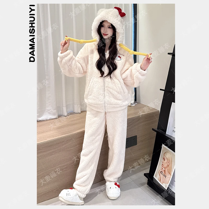 锁温保暖2025新款法兰绒冬季加绒加厚长毛绒睡衣女外穿家居服套装
