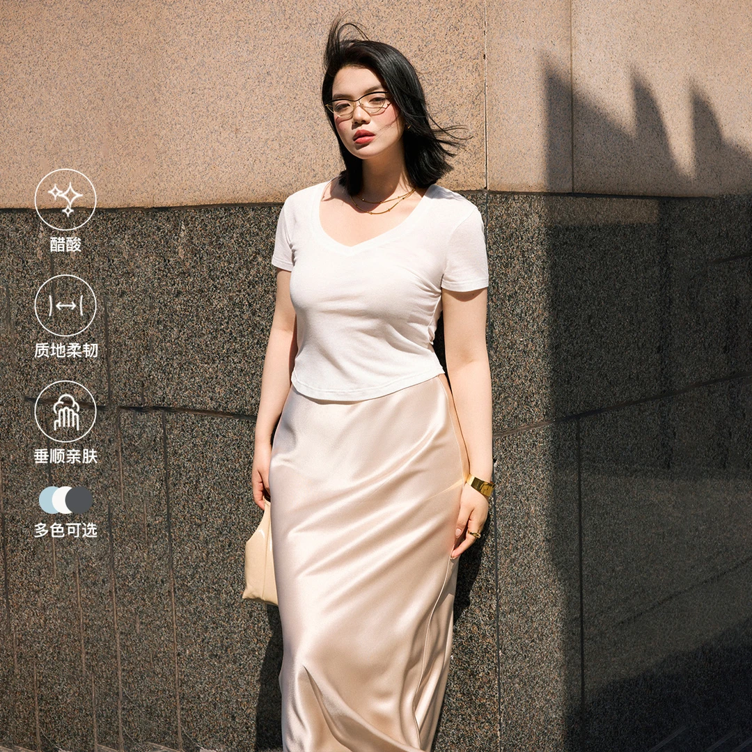 PLUSMALL 瘦瘦万搭T 醋酸天丝真丝混纺U领口高弹短袖PLUS2503099