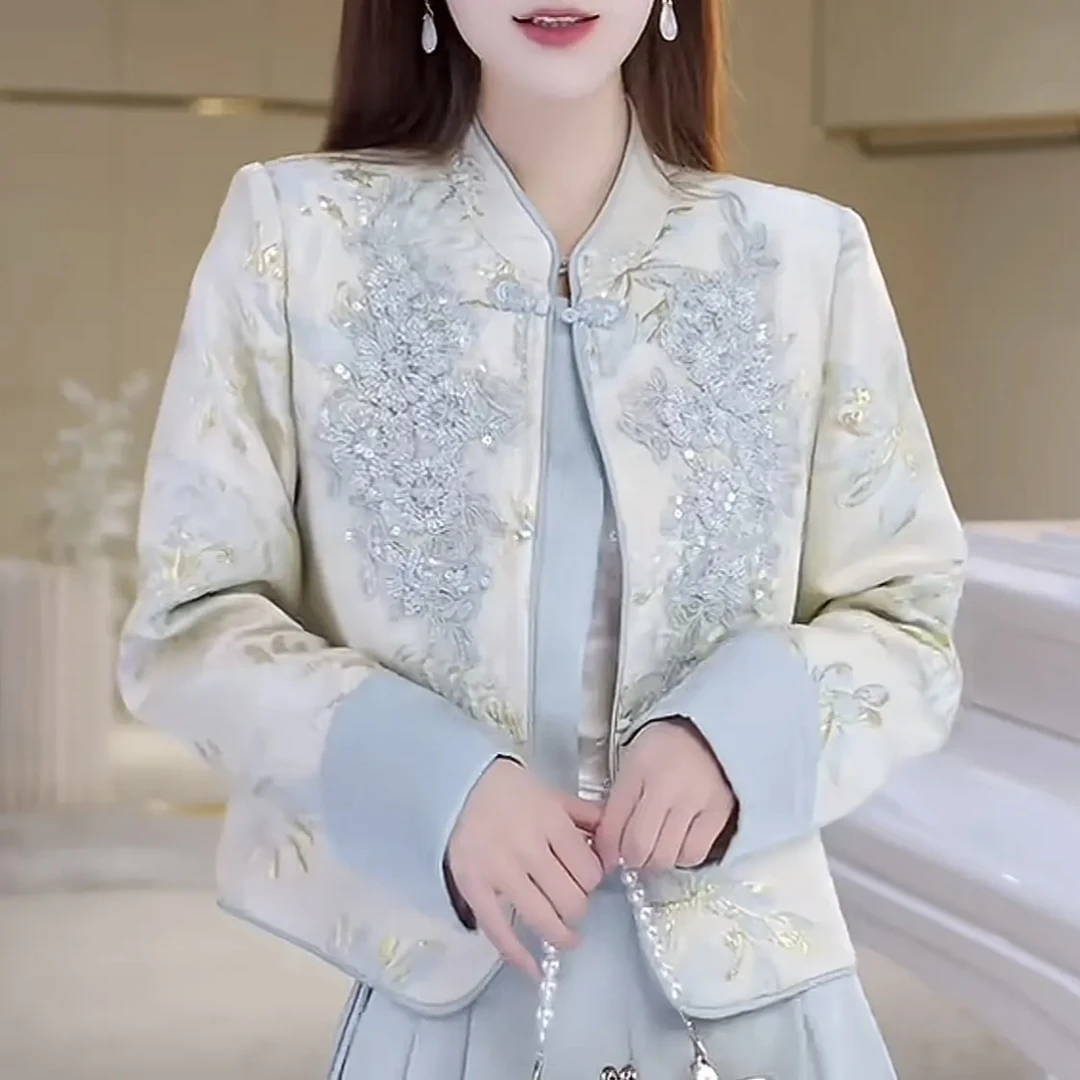 2025春季新款时尚网红重工【立体刺绣珠片贴花外套】中国风立领提花
