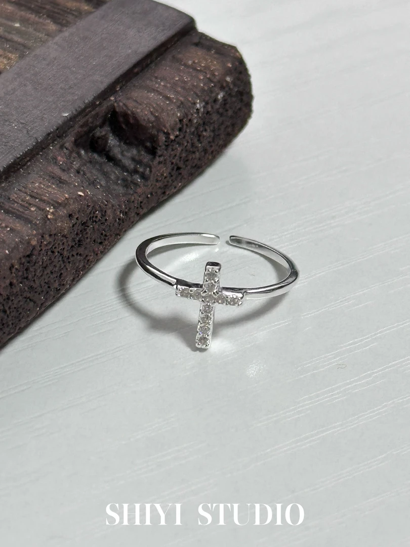 925银戒指 【十字尾戒】十字架锆石尾戒开口纯银戒指精致时尚气质