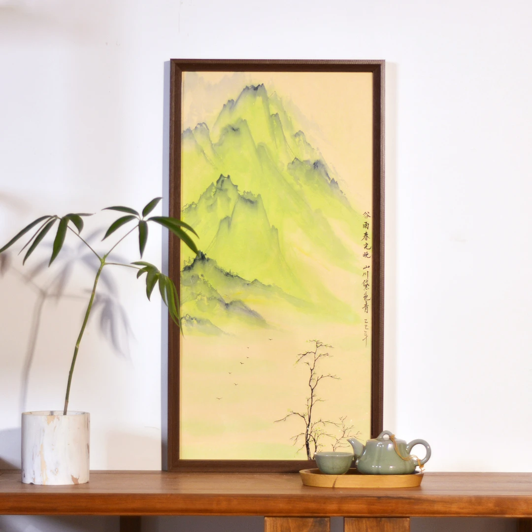 《山川黛色青》33*66实木手写手绘古风山水画创意书法玄关摆台