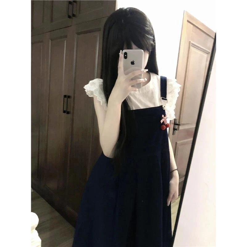 初中生女夏装学生少女可爱学院风衬衫学生韩版背带连衣裙两件套装