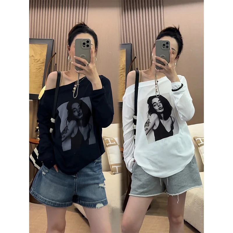 休闲宽松时尚人物印花长袖防晒T恤女夏季2025新款小个子洋气上衣