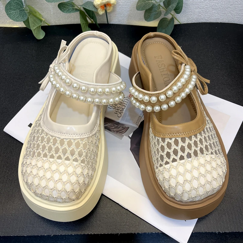 厚底珍珠包头半拖鞋女外穿2025年夏季新款镂空增高透气凉拖鞋女鞋