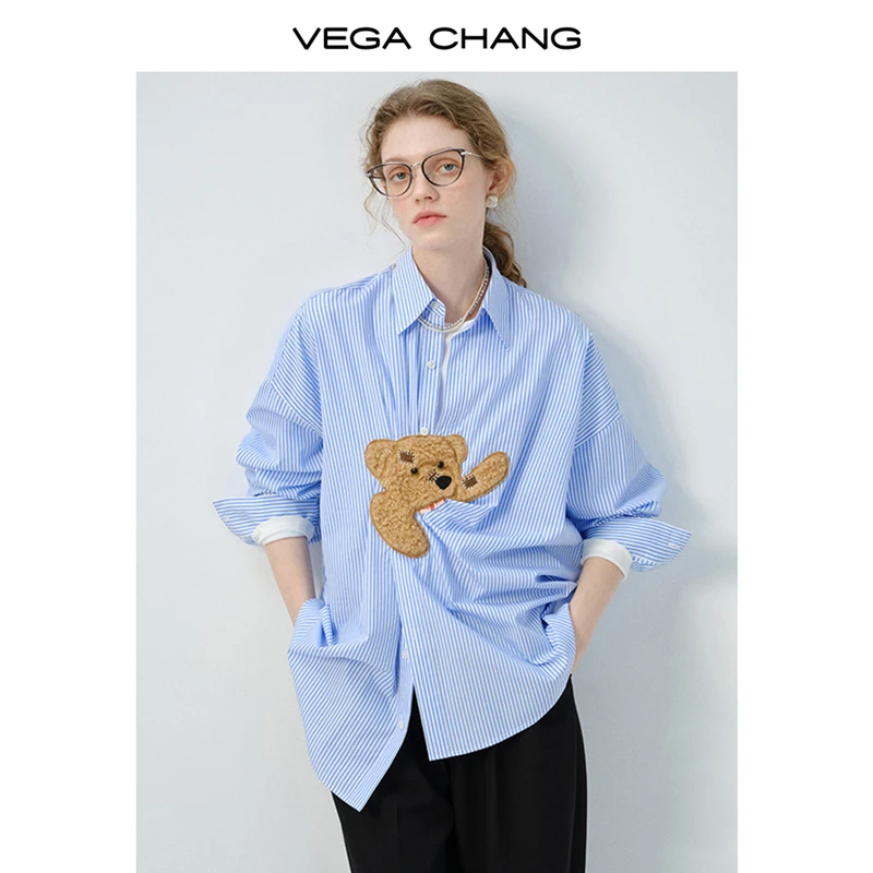 VEGA CHANG衬衫女2025年春季新款毛织小熊减龄高级时尚外套上衣