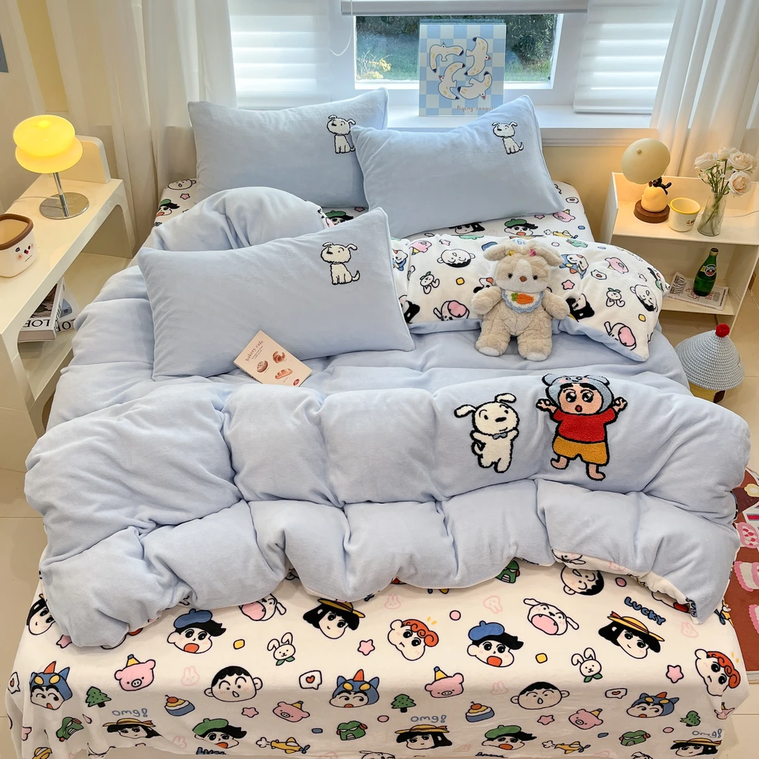 A类网红卡通毛巾绣牛奶绒四件套柔软保暖不掉毛防静电学生宿舍