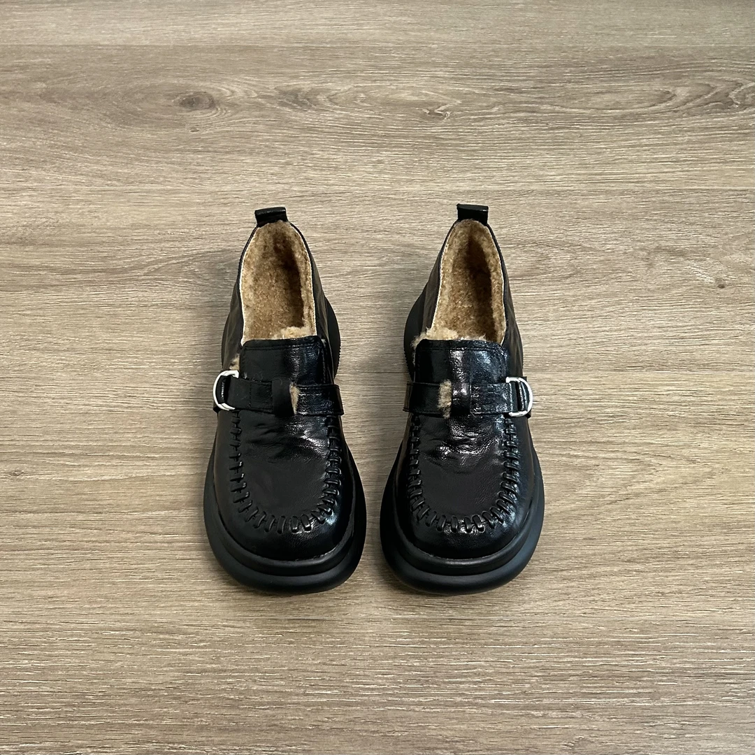 Dannyfrey秋冬新款复古羊皮女编织面金属扣增高百搭乐福鞋5.5cm