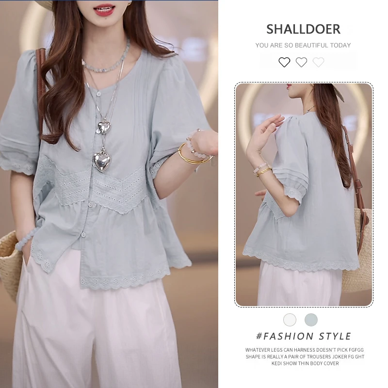 圆领开衫短袖衬衫女夏款2025新款百搭通勤洋气上衣纯色纽扣雪纺衫