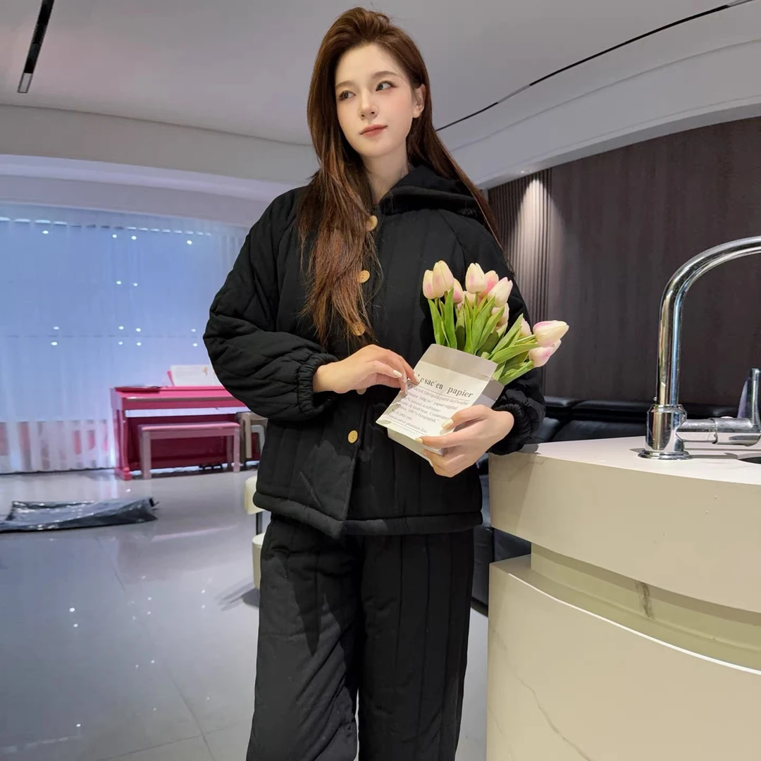 新款睡衣女三层夹棉袄秋冬季保暖加绒加厚黑色休闲连帽家居服套装