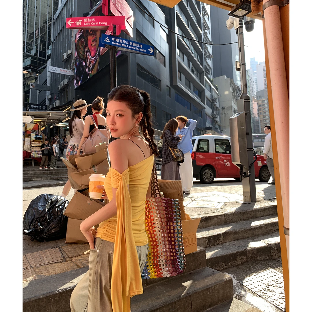 【你是暖阳】辣妹黄色单肩T恤飘带上衣4285