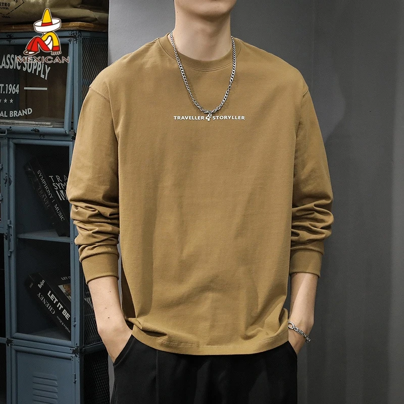 Mexican/稻草人美式复古纯棉长袖t恤男宽松秋季重磅潮流印花卫衣