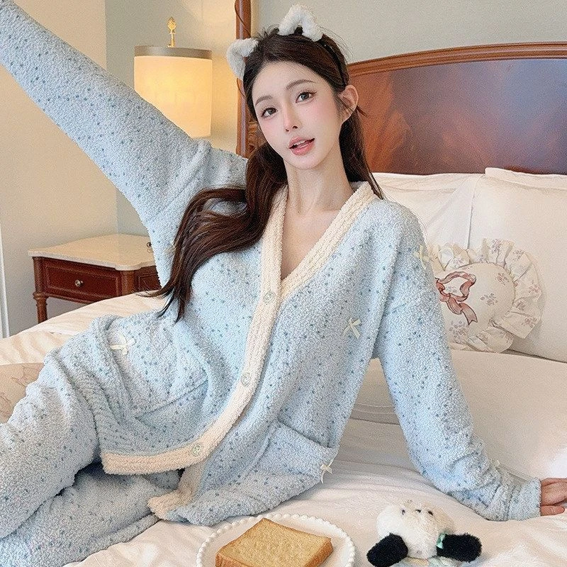 半边绒冬季睡衣女款长袖加厚珊瑚绒高级感可外穿休闲套装2025新