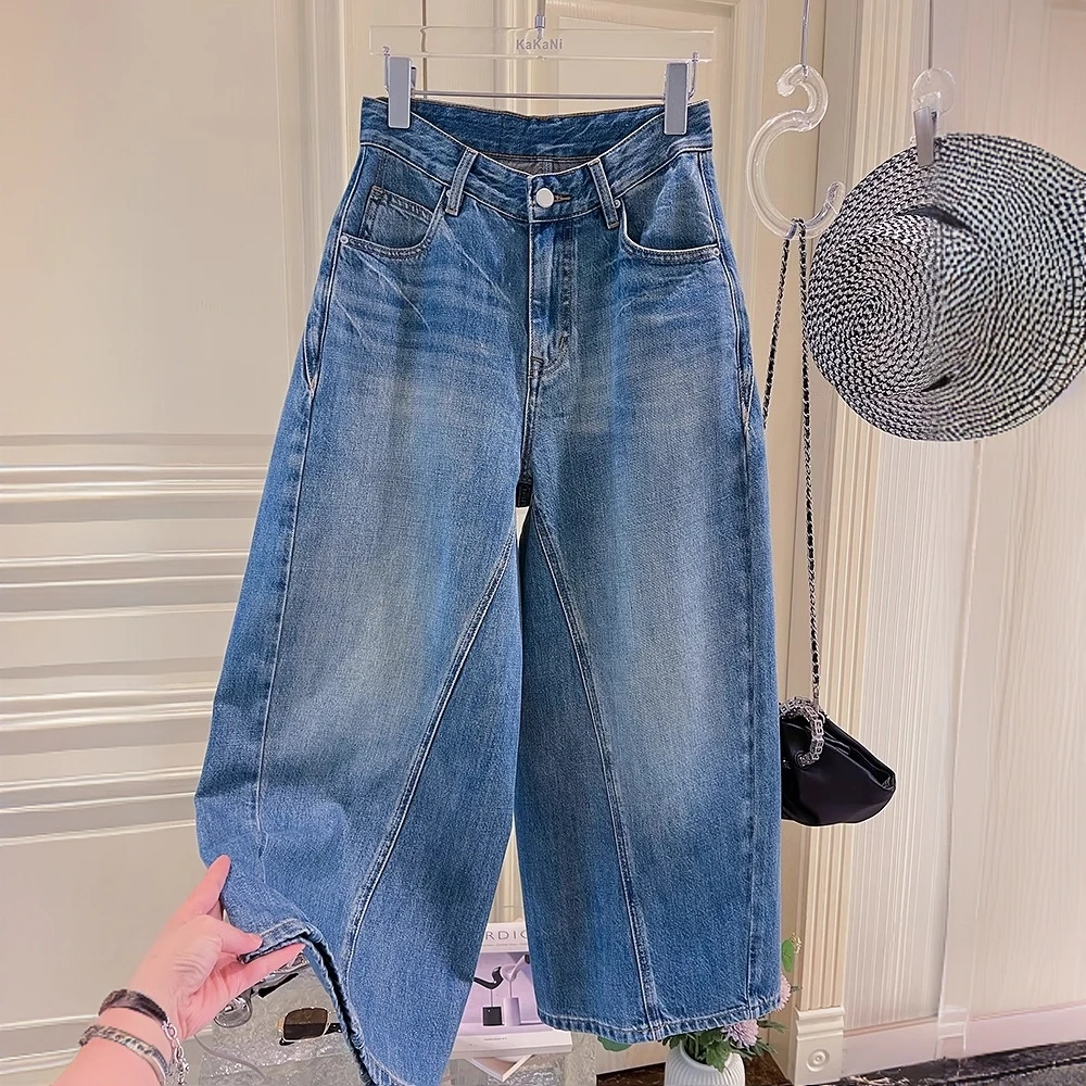 春秋新款韩国高腰松弛感时尚洋气慵懒风设计感九分牛仔奶奶裤子女