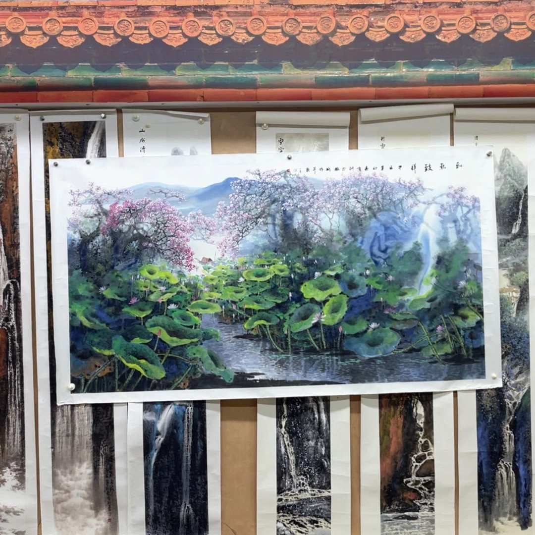 国画手绘国画，山水画心荷塘